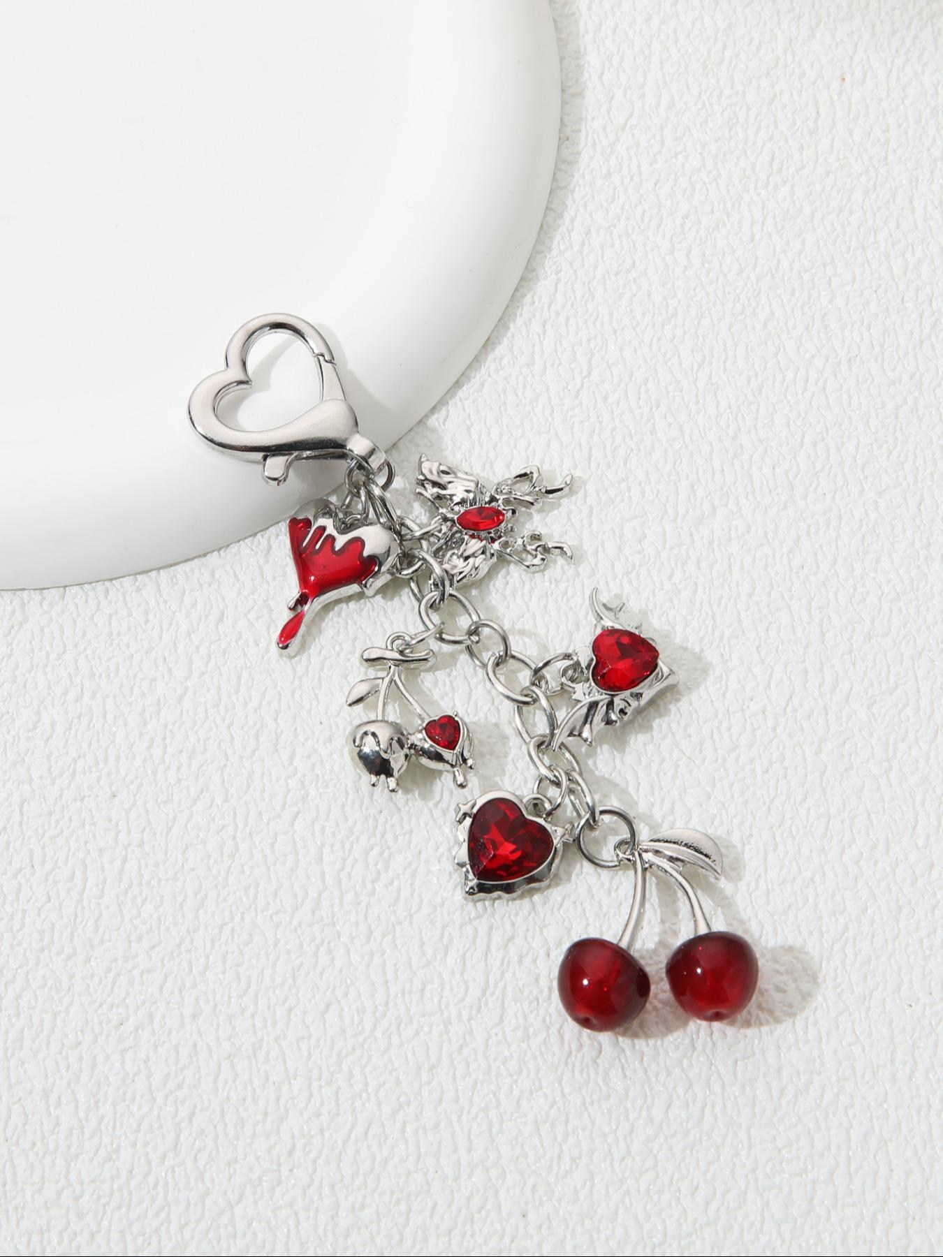 Elegant Cherry Heart Wings Butterfly Keychain with Rhinestones, Stylish Y2K Trendy Key Ring Gift for Friends, Beautiful Alloy Accessory