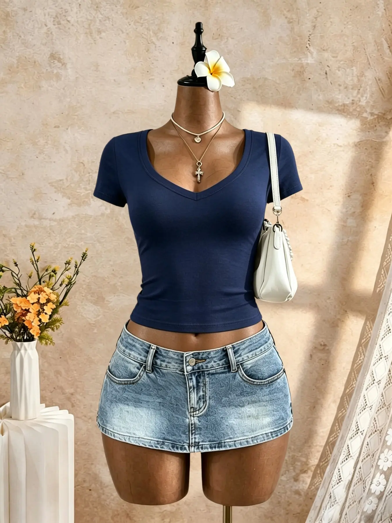 Women's Solid V-Neck Short Sleeve Slim Fit Basic T-Shirt, Casual Millennial Style Streetwear, Daily Wear Short T-Shirt