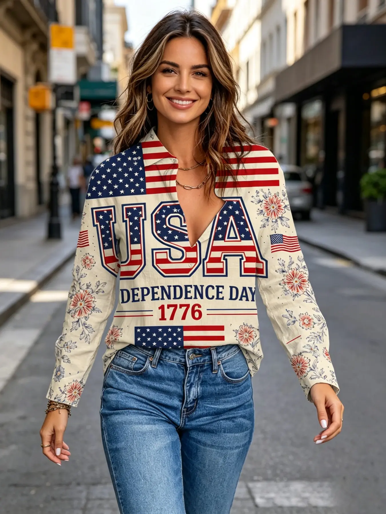 2026 New Women's Floral Blouse, Usa Independence Day 1776 Long Sleeve Shirt, American Flag Flower Collar Casual Top