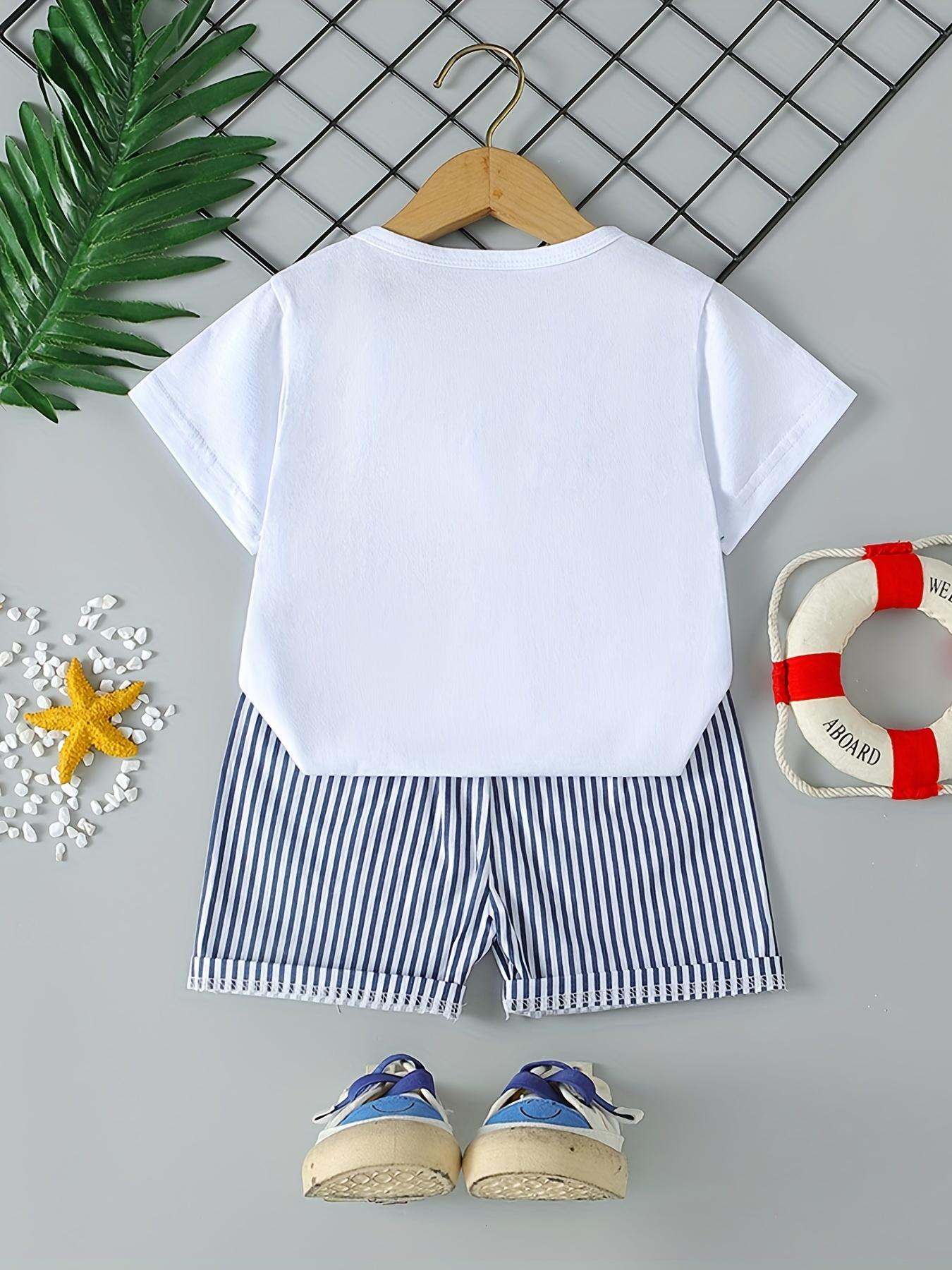 Boys' Casual Summer Outfit - Cute Cartoon Design with Whale & Hot Dog Graphic - Short Sleeve T-Shirt & Whale Shorts Set - Blue & White Striped Pattern - Regular Fit for Casual Attire - Boy Shorts - Everyday Kids Clothing - Playful Kids Fashion -