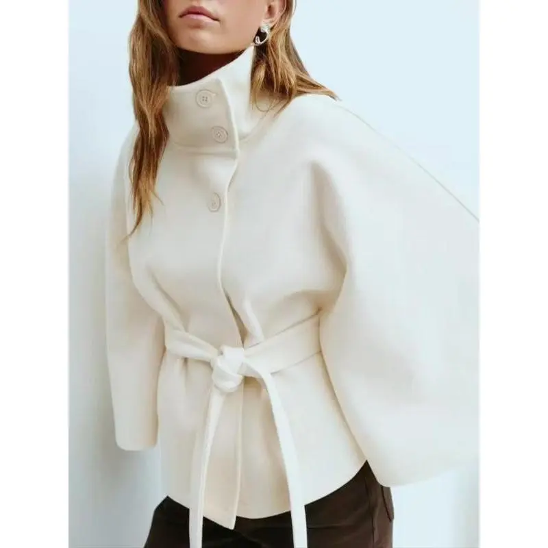 Women's Plain Stand Collar Belted Woolen Coat, Stylish Elegant Outerwear for Autumn and Winter, Trendy Fashion Jackets