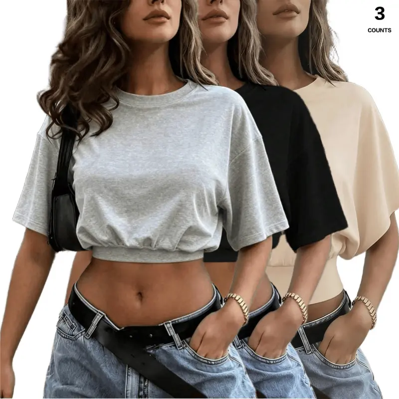 ASANDY Shirts for Women 3 Pack, V Neck Batwing Sleeve Dressy Casual Crop Tops with Elastic Cinched Waist for Summer Outdoors, Dressy Casual Tops, S, Polyamide, Elastane