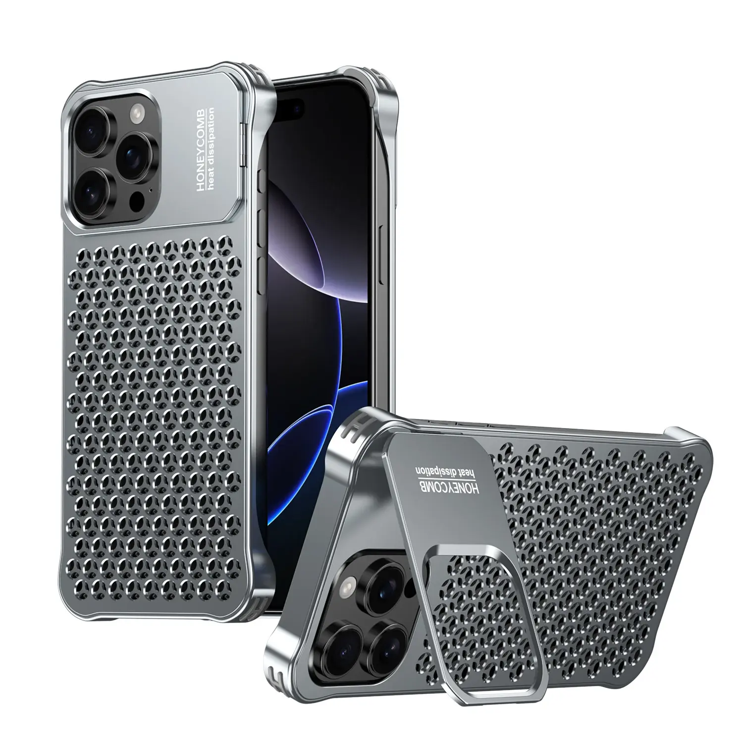 Hard Phone Case for iPhone 16, iPhone 17 Pro Max - Lightweight Frameless 0-Border Metal Hollow Cutout, Heat Dissipation, Built-In Integrated Kickstand, All-Corner Shockproof, Anti-Scratch Minimal Tech Accessory