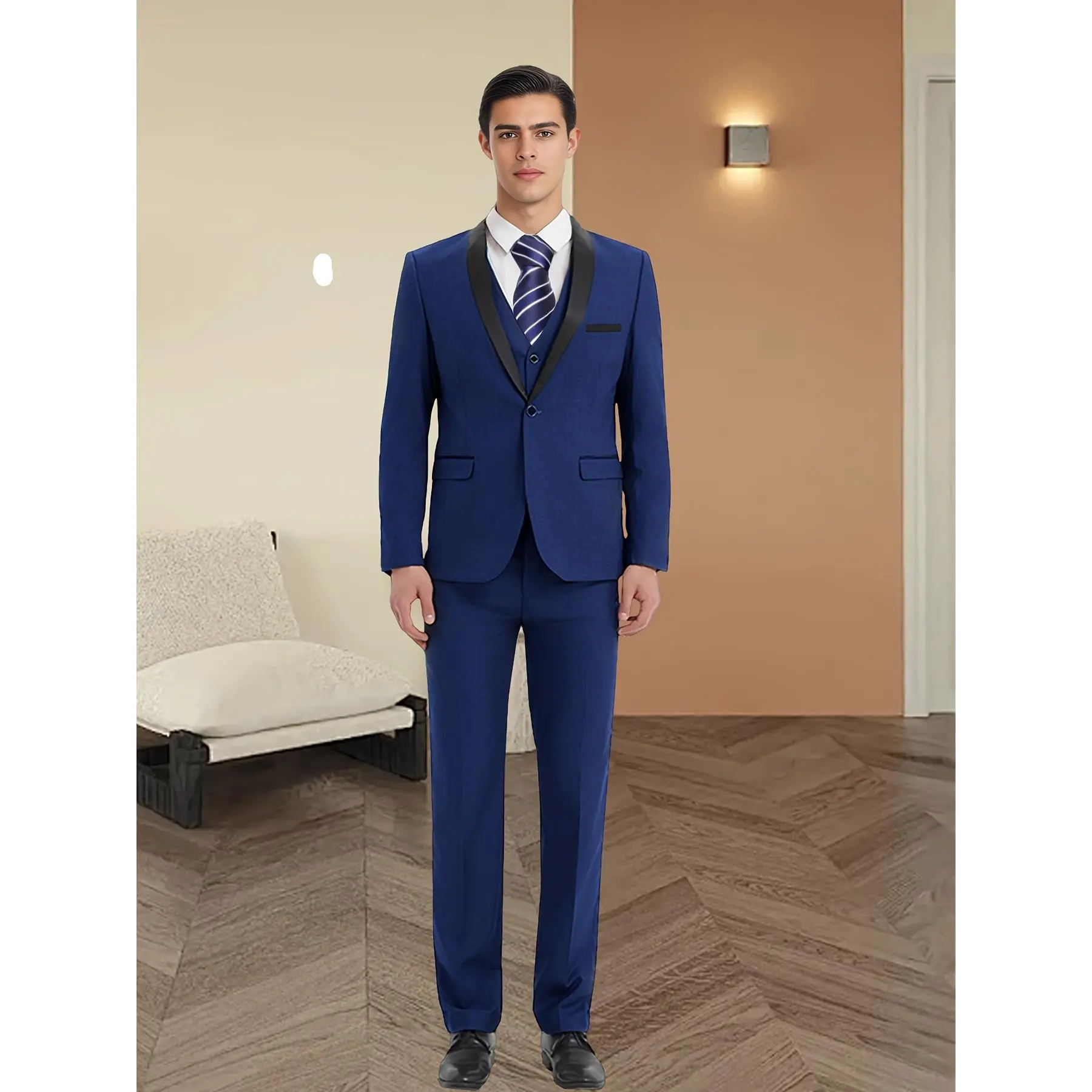 Menswear Classic 4-Piece Tailcoat Suit Set, Formal Groom Outfits for Weddings with Vest, Elegant Trouser & Blue Tie, Formal Wear, Jacket, Long Sleeve, Classy, Fitted, Wrinkle, Plain, Pants, Fabric, Buttons, Rayon