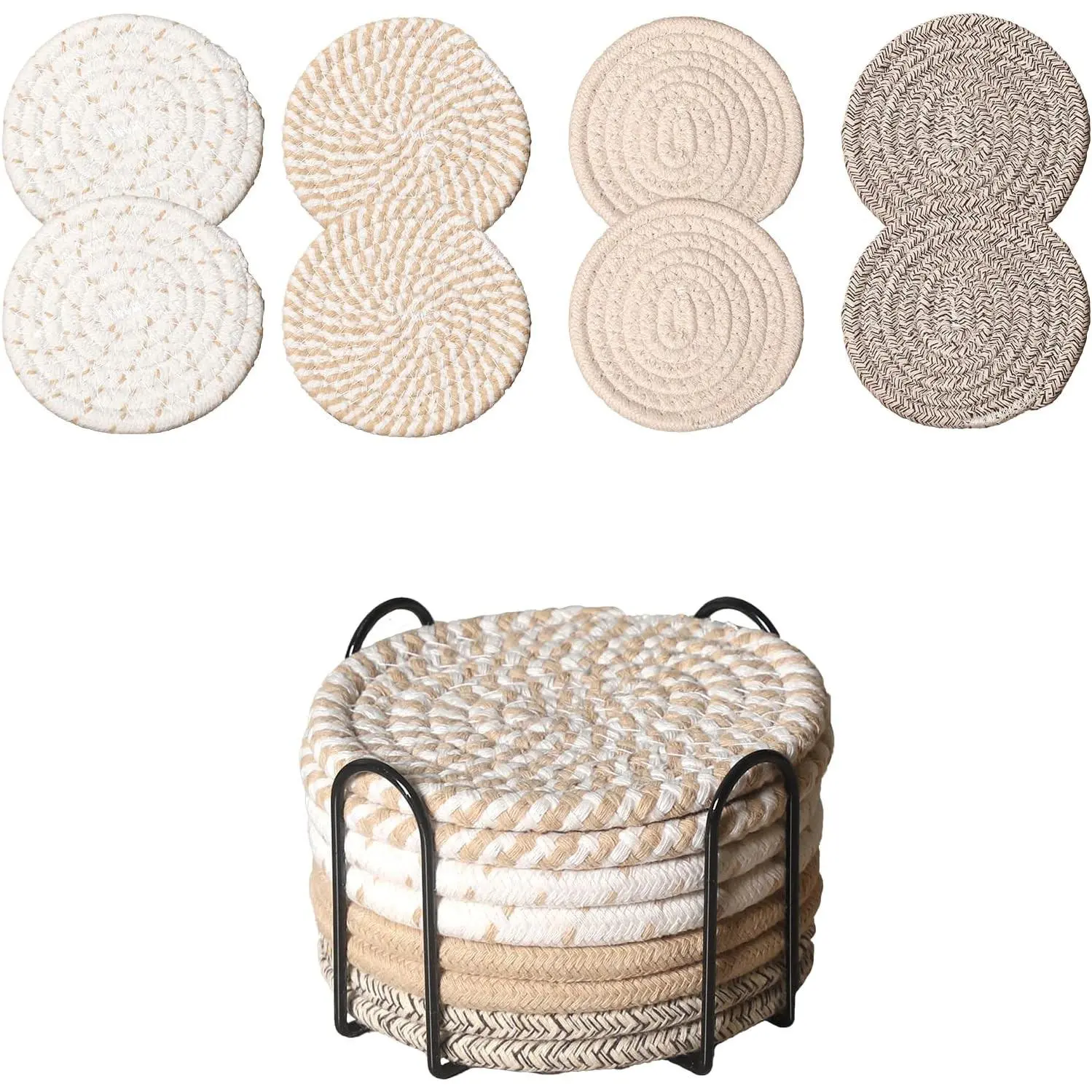 Drink Coasters Set of 8 with Holder Cotton Woven Absorbent Coasters 4 Colors for Coffee Beer Drinks & Tabletop Protection