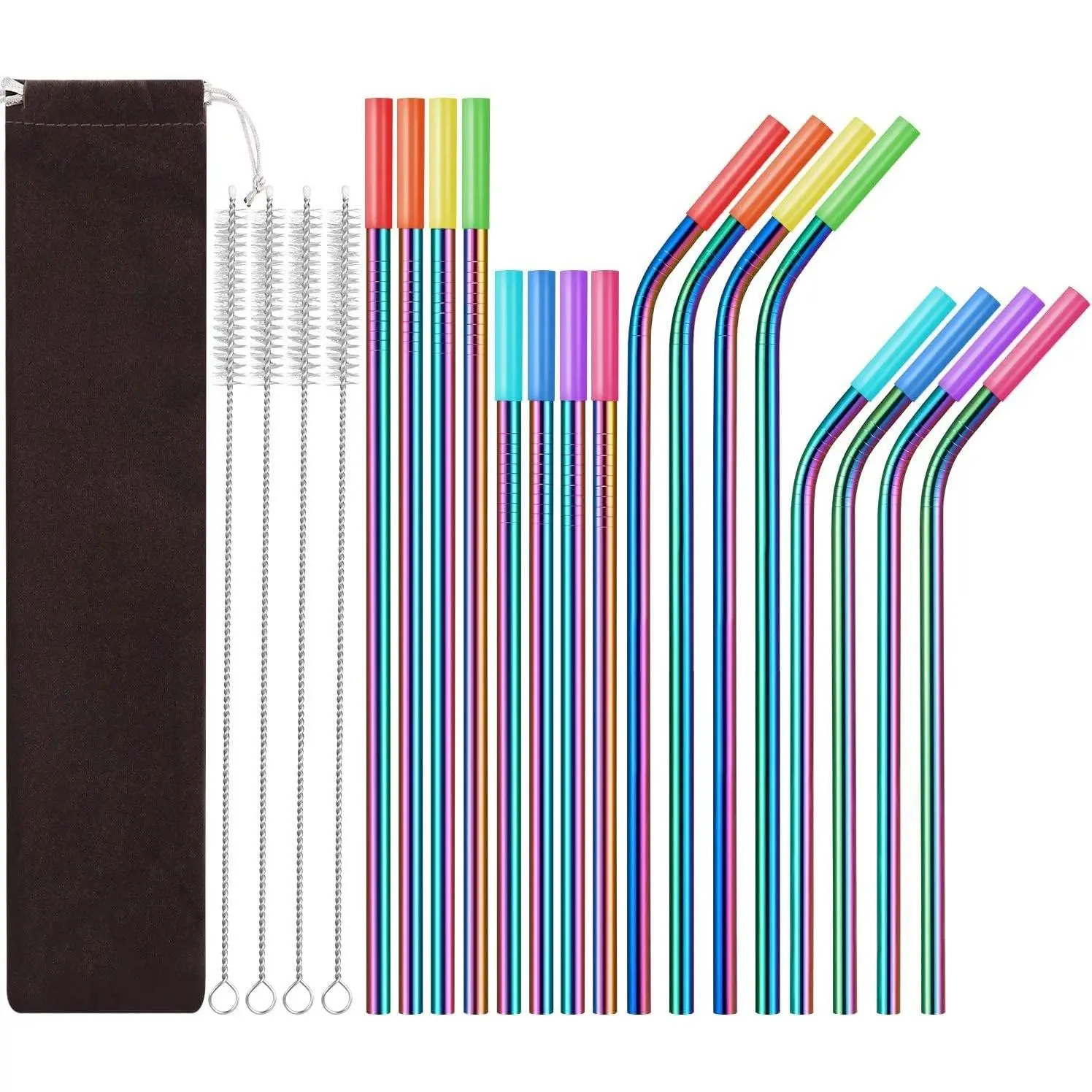 Set of 16  Stainless Steel Straws with Travel Case Cleaning Brush  Tips  Extra Long Metal Straws Drinking for 20 24 30 oz Tumbler, Rainbow