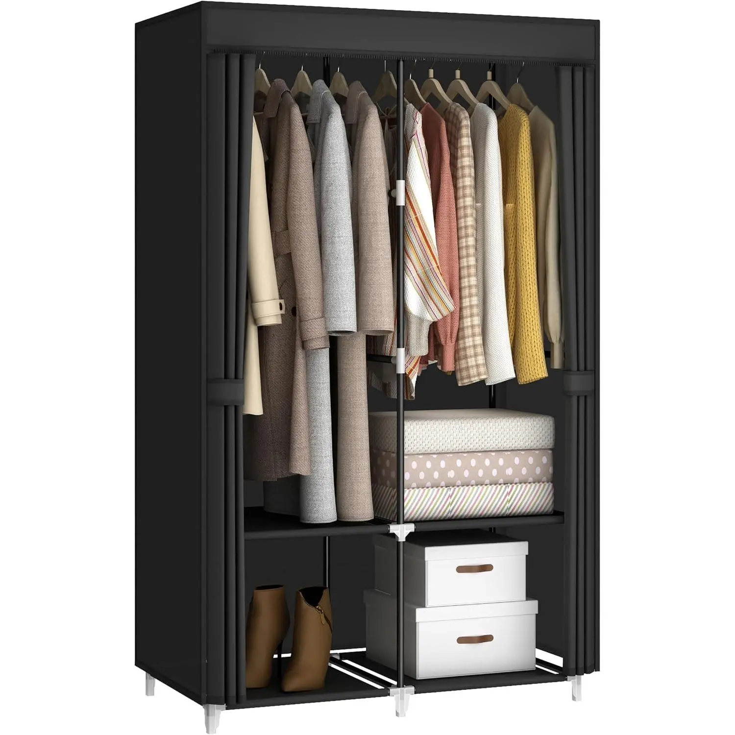 35" Portable Closet Wardrobe for Small Room with Hanging Rods, Shelves & Cover