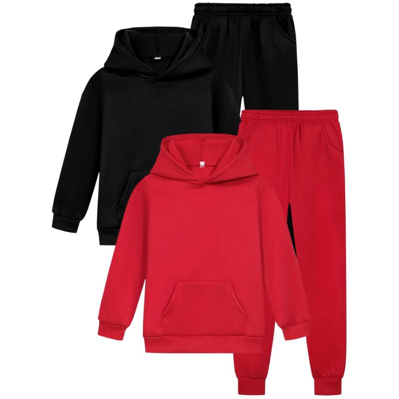 Casual Hooded Sweatsuit Set - 2 Pack Polyester Solid Color Sportswear with Pockets, Slight Stretch, Regular Fit Fall/Winter Apparel Over 3 Years Old - Comfortable Knit Jogger and Sweatshirt Combo, Outdoor