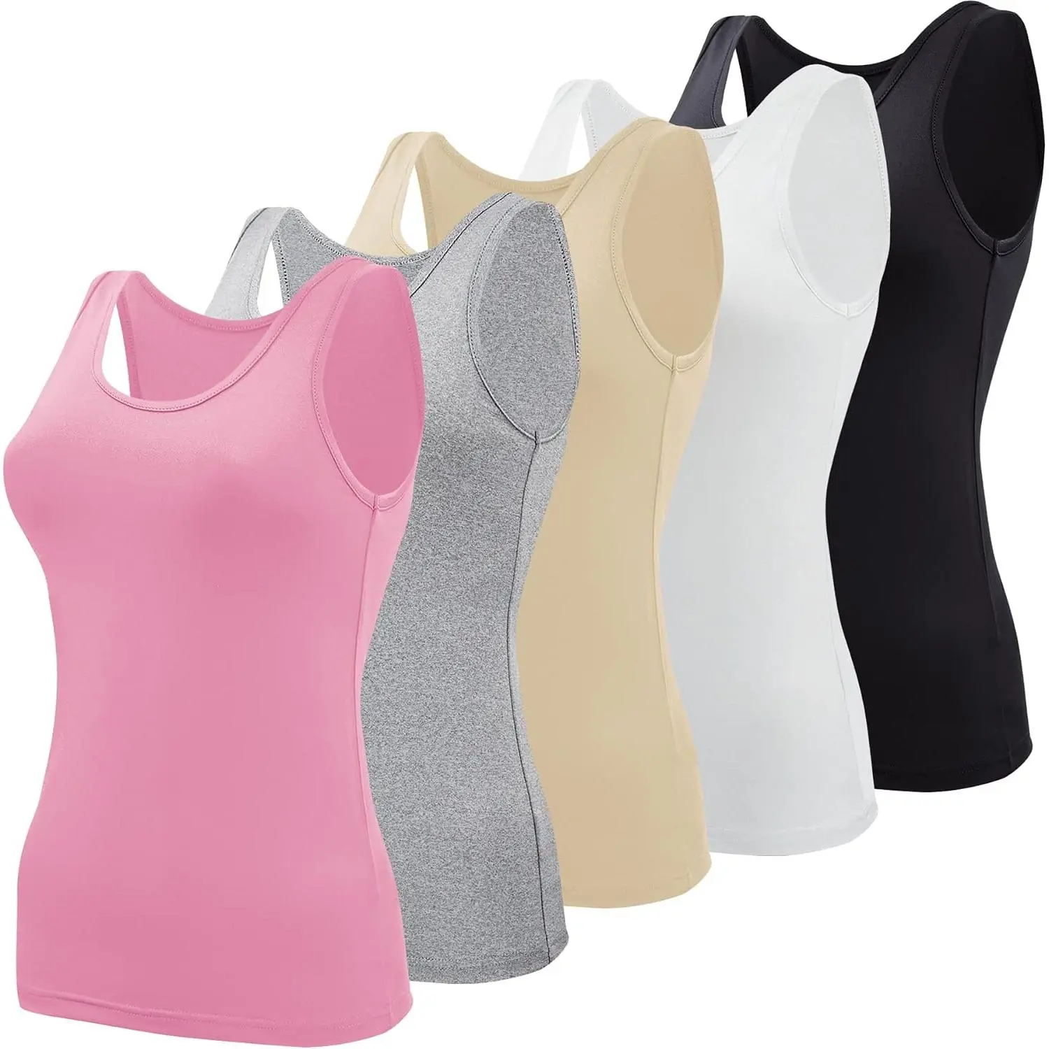 Women's Basic Sleeveless Tank Tops, 5-Pack Solid Color Layering Undershirts in Assorted Black, White, and Gray, Basic Tank, Lady, Layering Set, Round Neck, Clothes, Underwear For Women