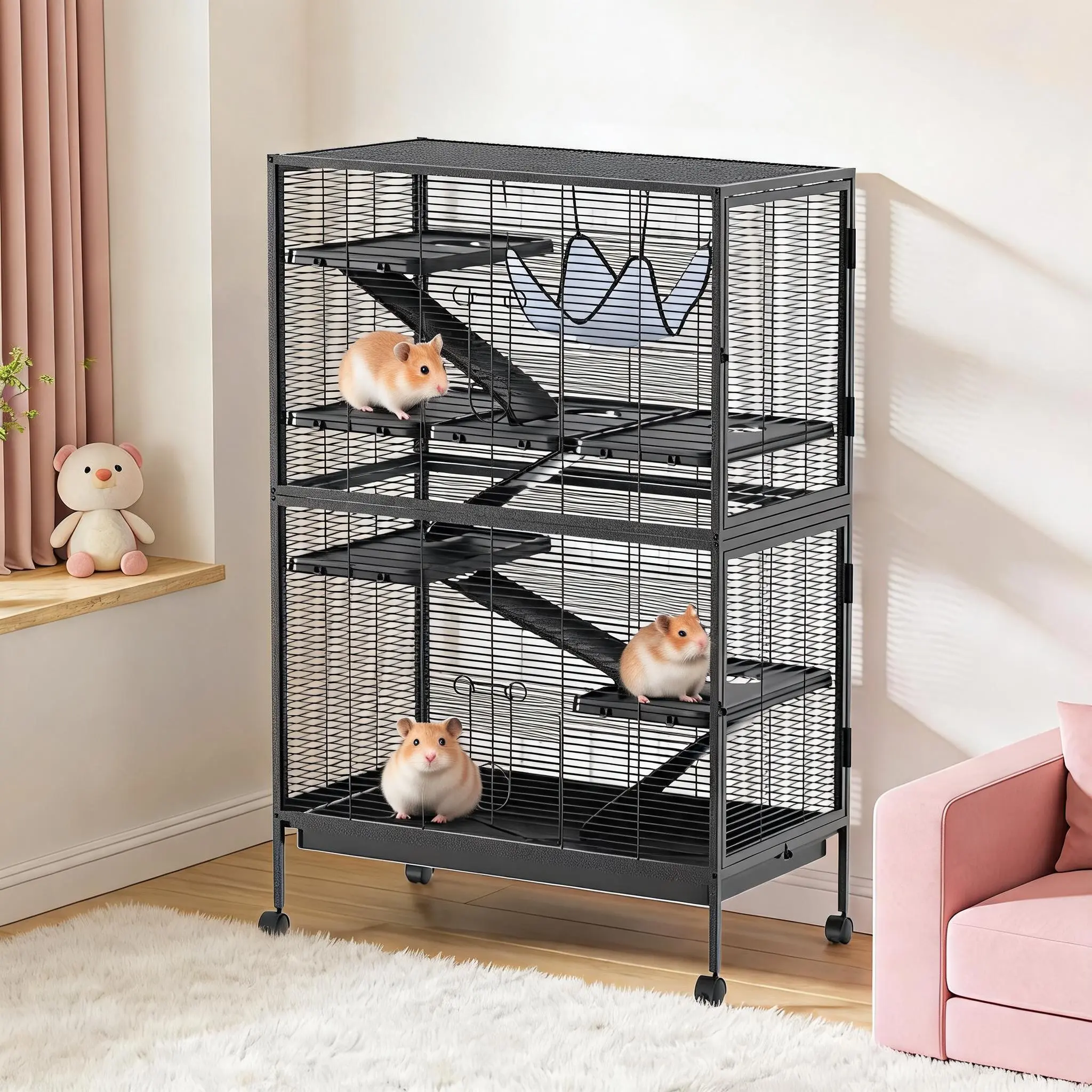 Ferret Cage 50" Large 5-Tier Ferret Nation Cage with Hammock, Removable Platforms, 5 Ramps, Lockable Wheels & 4 Doors, Metal Small Animal Cage for Guinea Pigs, Rabbit, Sugar Glider & Small Animals ﻿