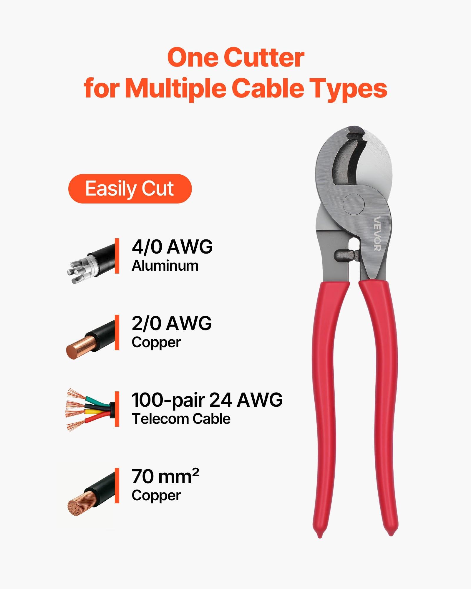 VEVOR High Leverage Cable Cutter, 9-1/4 in Compact, Forged Blades and PVC-Coated Handles, Heavy Duty Cable Cutting Pliers Tool for 4/0 AWG Aluminum, 2/0 AWG Soft Copper and 100-Pair 24AWG Comm Cables