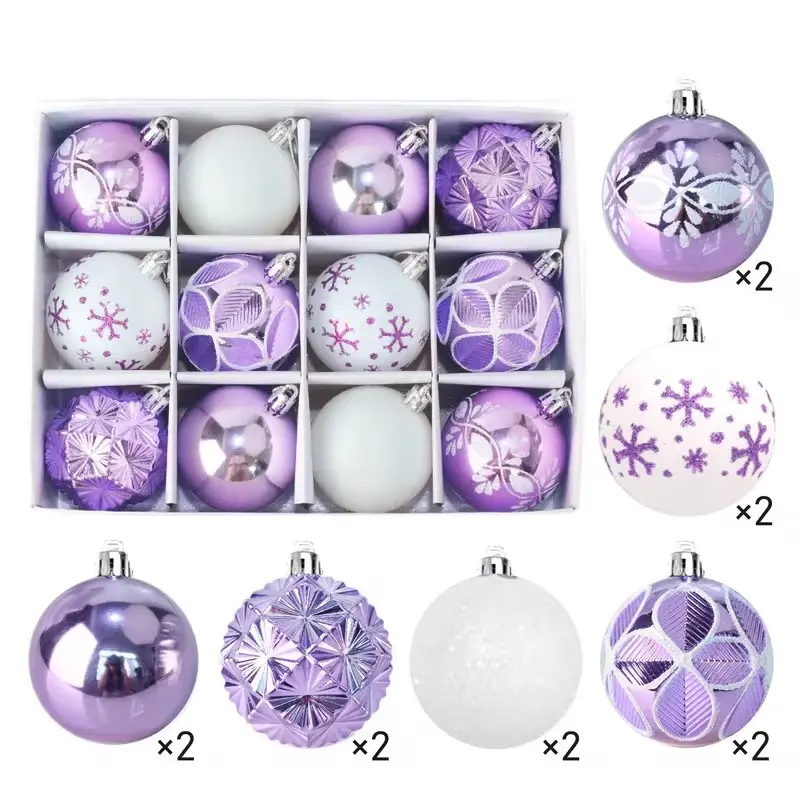12pcs Elegant 2.36inch Hand-Painted & Electroplated Snowflake Baubles - Plastic Christmas Tree Ornaments Suitable for Xmas, New Year, Thanksgiving Decorations, Multi-Holiday Hanging Balls with Gift Box for Home Tree Decorations
