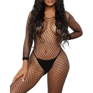 Women's  Mesh BodyStocking Fishnet Lingerie Long Sleeve Bodysuits One Piece Jumpsuit Underwear Nightwear