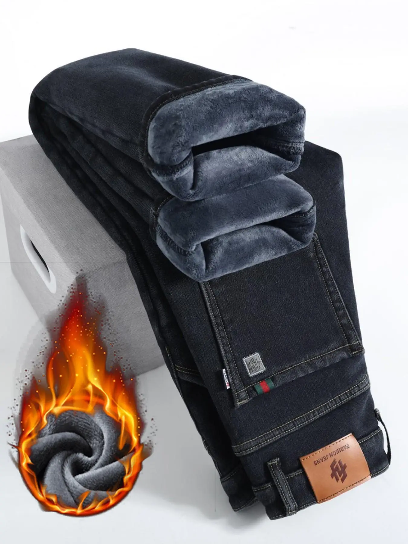 Men's Fleece Lined Thick Jeans, Slim Fit Straight Leg Long Pants, New Cotton Elastic Fall Winter Warmth, Street Style