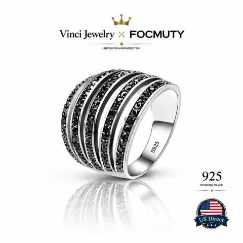 FOCMUTY 925 sterling silver Luxury Black Spinel Inspired Multi Row Pavé Band Ring Modern Glam Rock Chic Statement Ring Minimalist Edge Elegant Party Accessory Unisex Daily Wear Night Out Street Style Gift for Her Trendy Stackable Ring Y2K Aesthetic Bold