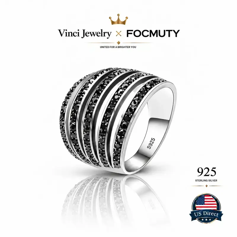 FOCMUTY 925 sterling silver Luxury Black Spinel Inspired Multi Row Pavé Band Ring Modern Glam Rock Chic Statement Ring Minimalist Edge Elegant Party Accessory Unisex Daily Wear Night Out Street Style Gift for Her Trendy Stackable Ring Y2K Aesthetic Bold