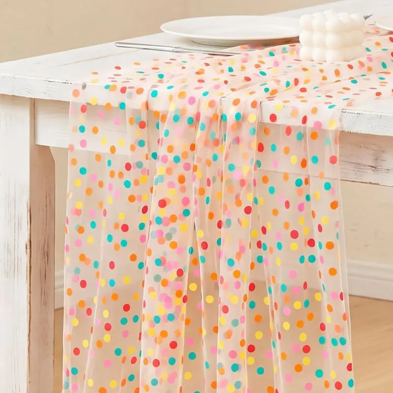 1 Pack Rainbow Polka Dot Sheer Tulle Table Runner, Mesh Fabric for Dresses, Costumes & DIY Bows, Table Decor for Birthdays, Weddings and Parties