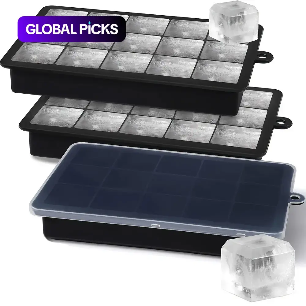2pcs Silicone Ice Cube Trays with Lid, Easy Release 15 Square Ice Cube Per Tray, Flexible Reusable Stackable For Freezer, Ice Cube Mold, Ice Molds - Perfect for drink, Chocolate, Food, Juices - Great Gift for Eid Al-Adha Mubarak #GLOBAL PICKS