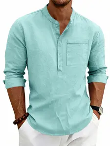 Men's stand-up collar Henry collar linen long-sleeved shirt - single chest pocket, half-buttoned casual top - soft and breathable with adjustable sleeves design - suitable for daily commuting and vacation