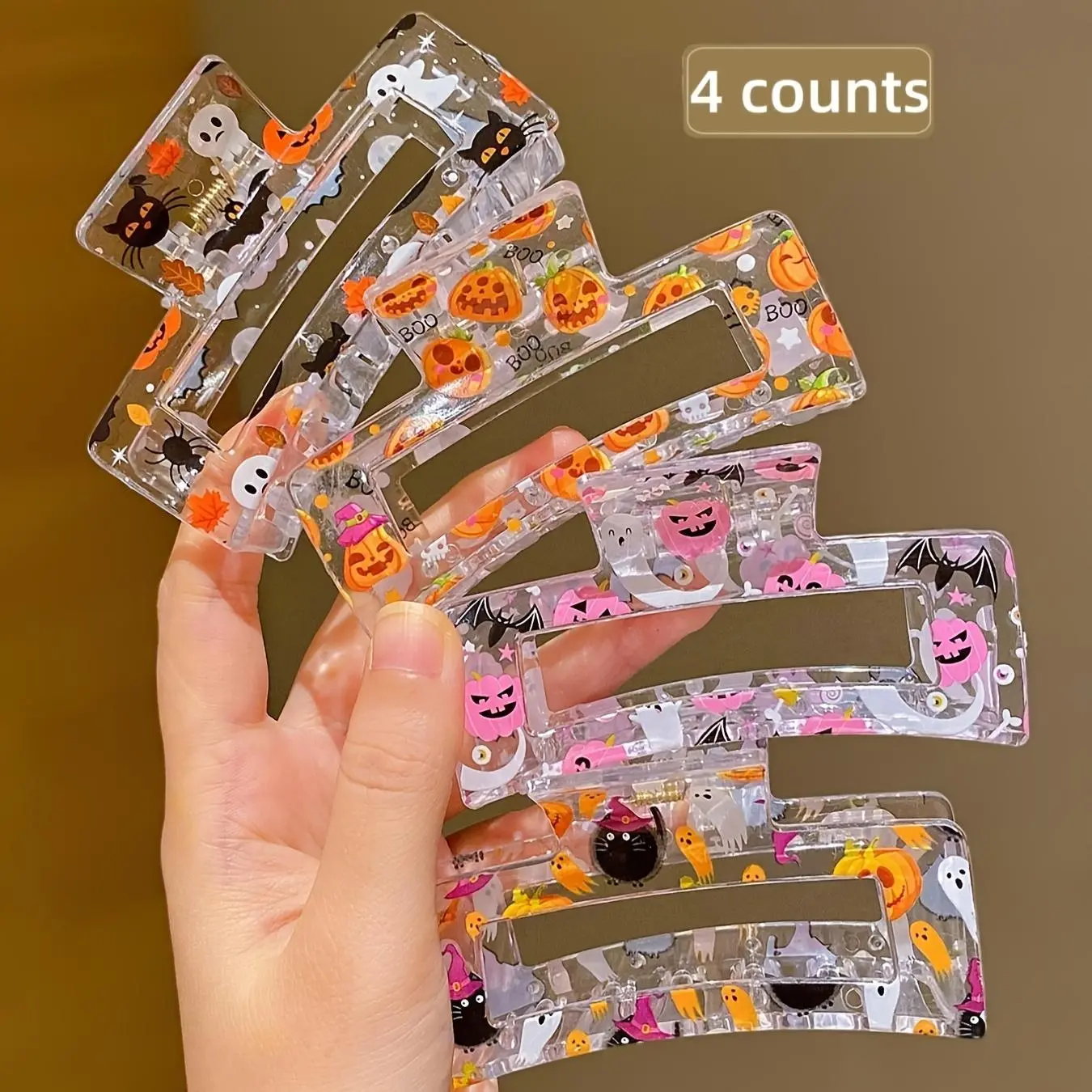 4PCS Halloween Hair Claw Clips for Women Girls, Cute Pumpkin Ghost Pattern Transparent Acrylic Hair Clips, Aesthetic Fall Kawaii Barrettes with Strong Hold Lightweight Design, Fun Hair Accessories for Halloween Party, Costume & Daily Styling