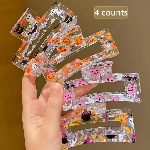 Women's 4PCS Transparent Acrylic Alligator Hair Claw Clips - Witch-Themed Pumpkin Ghost Barrettes, Strong-Hold Lightweight One-Size Casual Fall Accessories for Halloween Costume, Cute Halloween Stuff