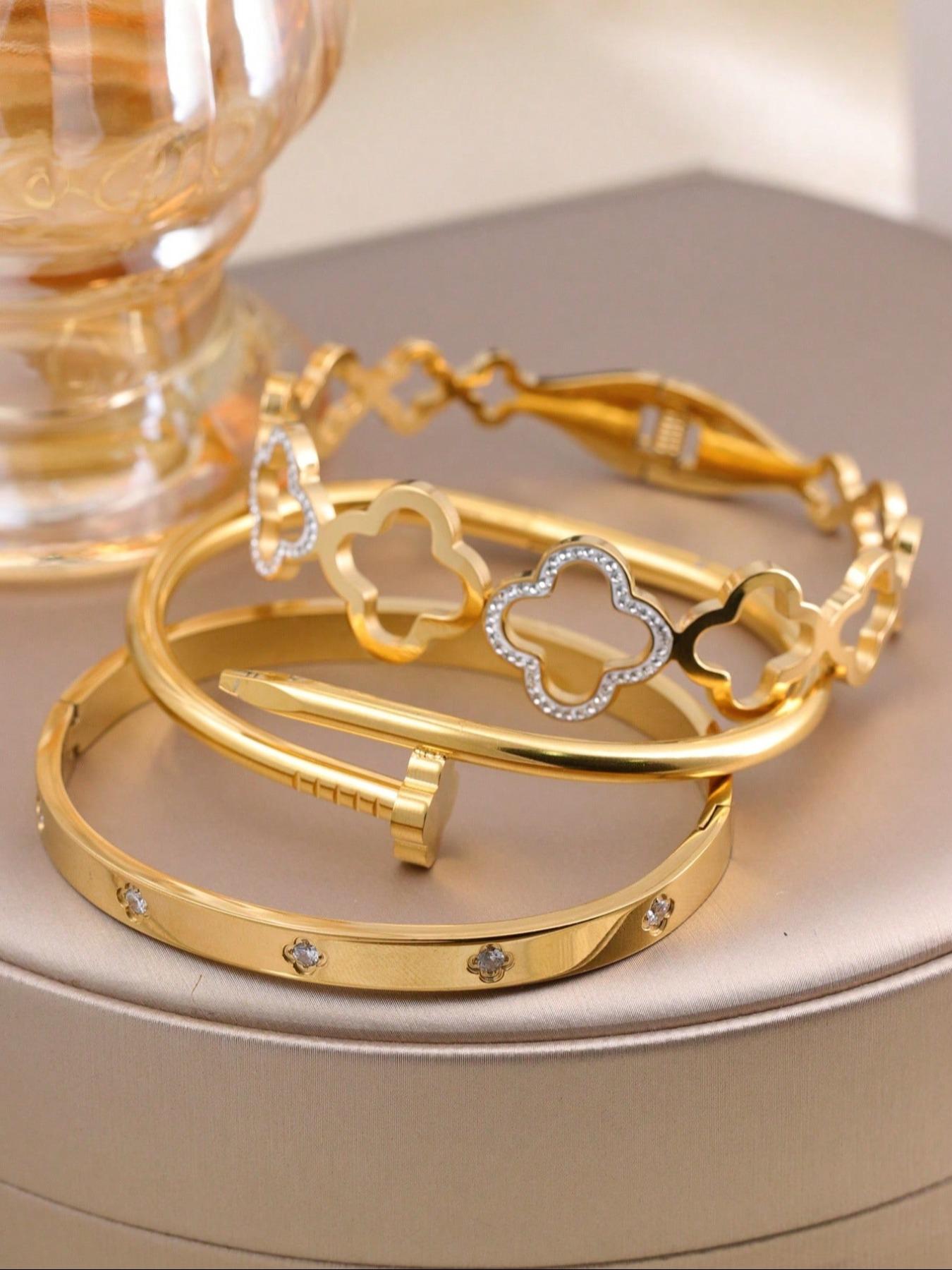 Women's Stainless Steel Bangle Bracelet Set, Chain & Flower Design Jewelry, Perfect Gift for Mom, Mother's Day, Birthday, Party Wear