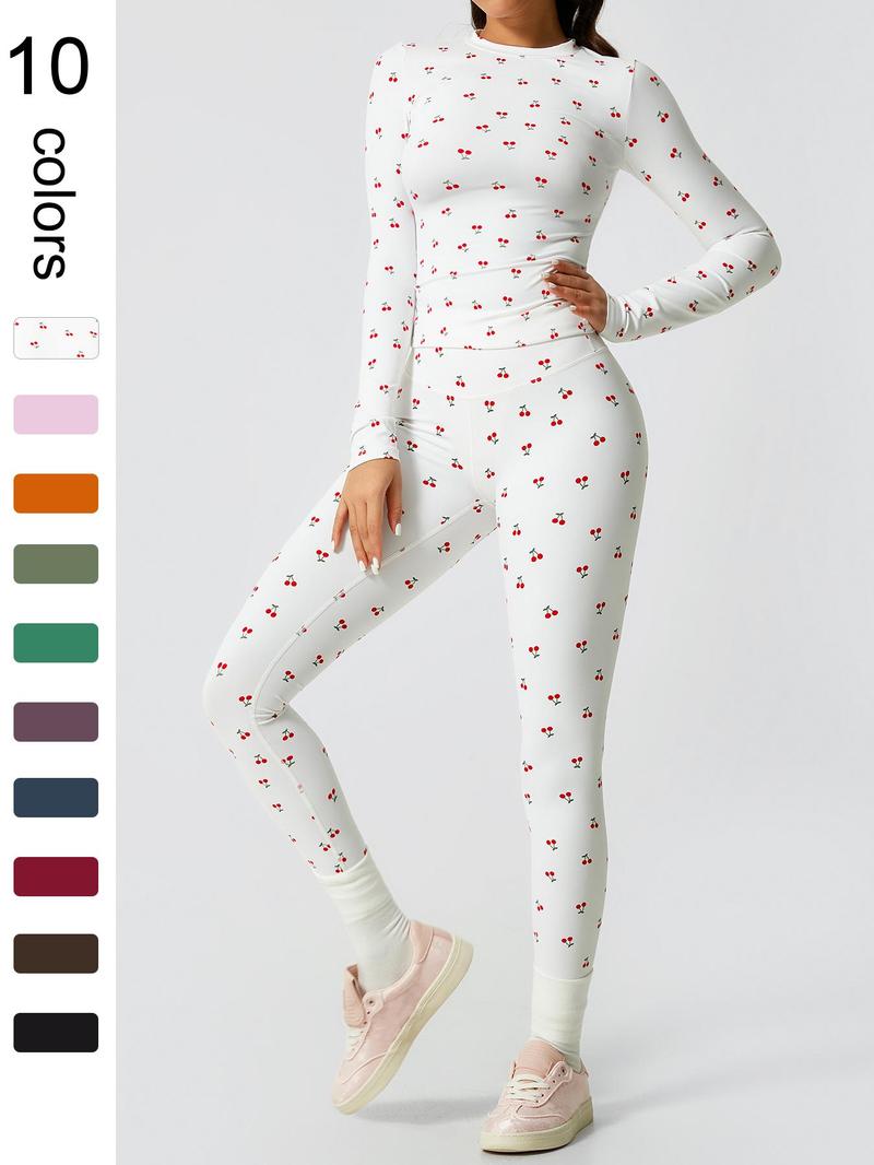 Two-Piece Set Women's Patchwork High Elastic Soft Round Neck Flat Shoulder Long Sleeve Slim Fit Beautiful Hip Tight Pants Yoga Clothes suit Four Seasons Outdoor Running Cycling Hiking Walking Shopping Fashion suit Gym Sweatsuit Set