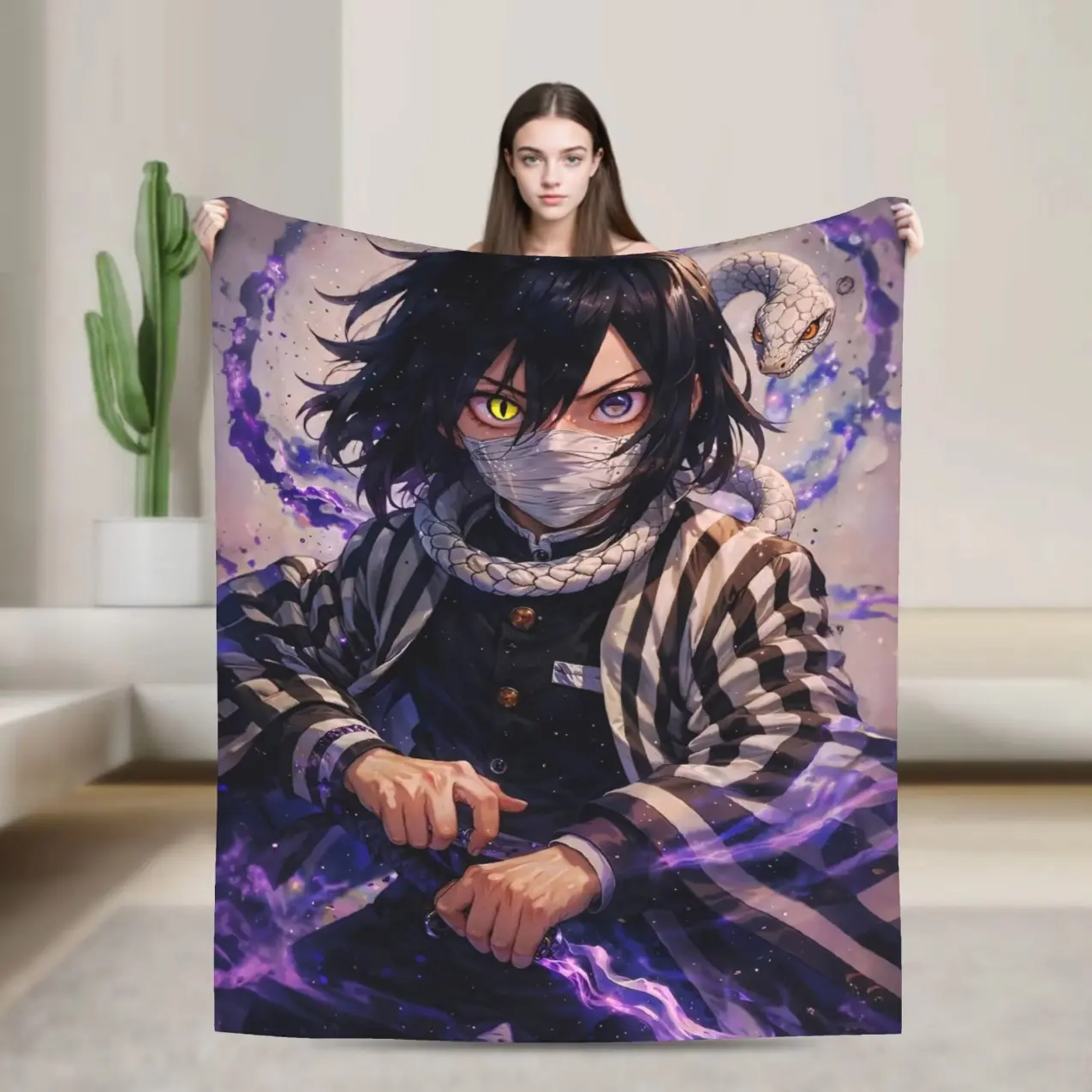 Anime Demon Slayer Inspired Tomiyoka Giyuu Blanket, Soft Fleece Throw Blanket, Cozy Anime Character Print Bedspread for Sofa Bedroom Home Decor, Lightweight Travel Blanket, Anime Fan Gift for Kids Adults