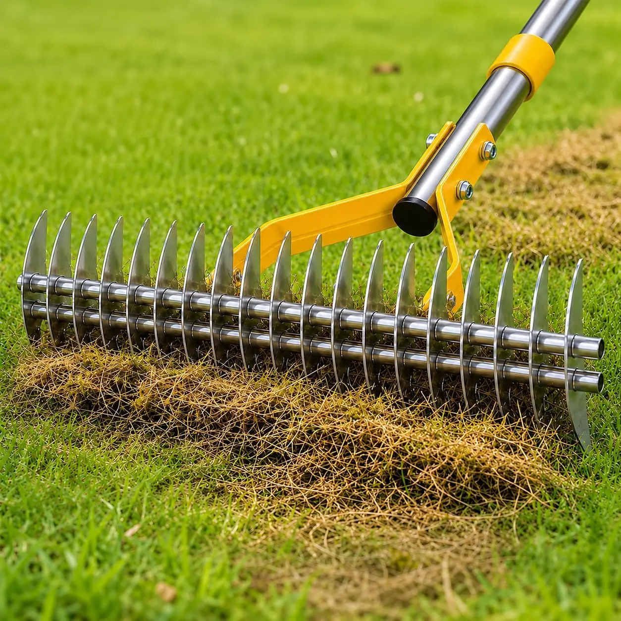 Duty Thatch Rake for Lawns, 15" Dual-Sided Dethatching Rake with Tines, Manual Dethatcher and Scarifier Tool for Dead Grass, Moss & Thatch Removal, 70" Long Handle