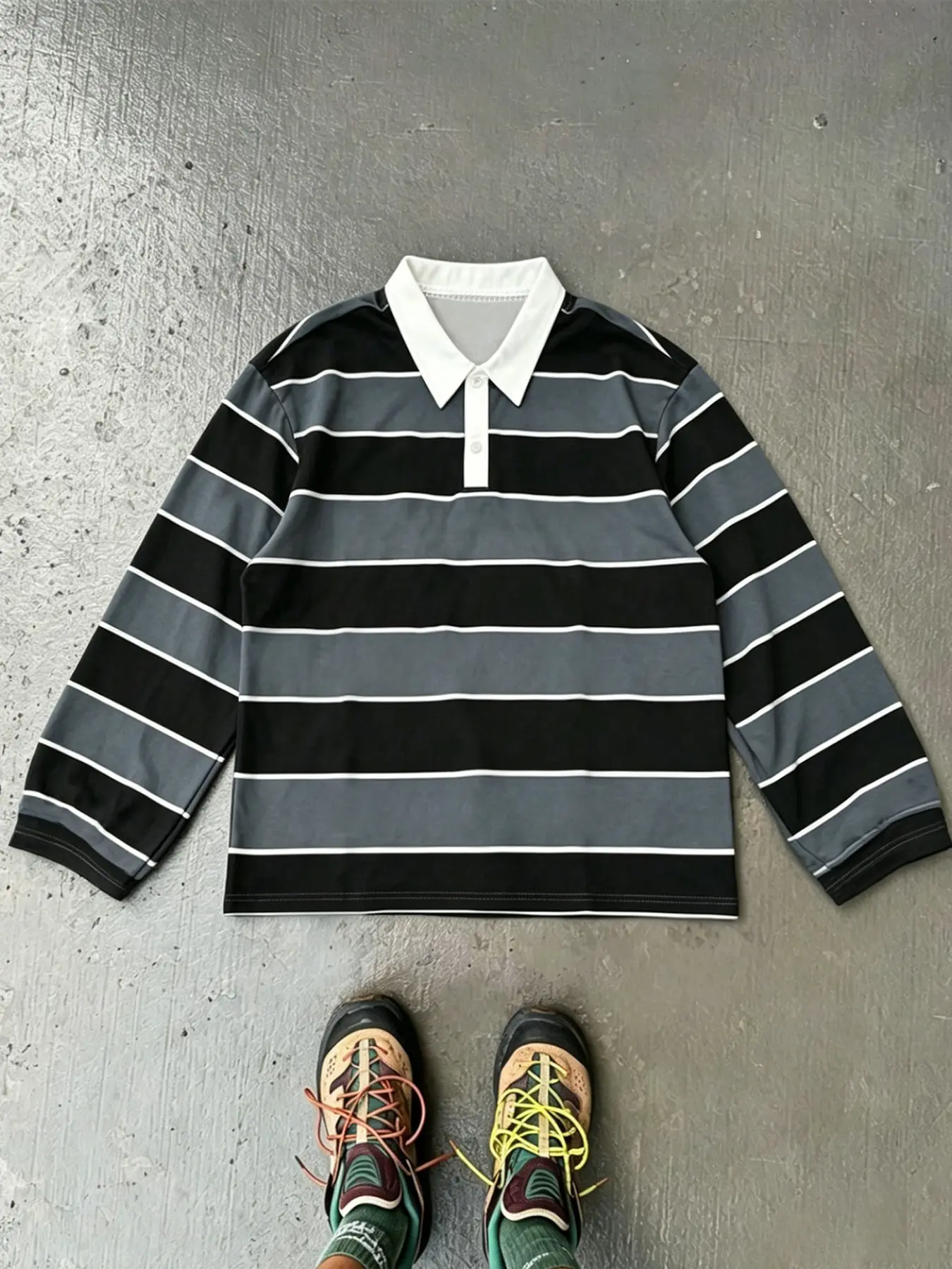 Women's Minimalist Black Gray Striped Long Sleeve Rugby Polo Shirt | White Contrast Collar 2-Button Placket Loose Vintage Casual Pullover | Street Basic Top for Women