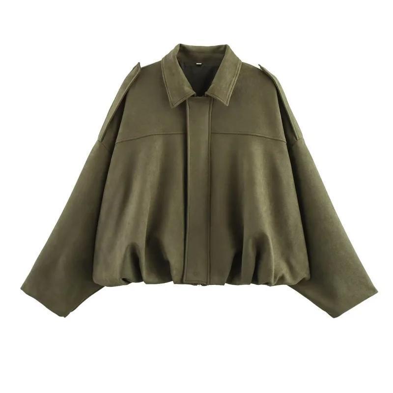 2026 Spring New Women's Suede Texture Effect Loose Fit Fashion Lapel Shoulder Bomber Jacket in Olive Brown & Burgundy