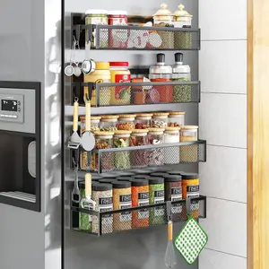 Magnetic Spice Rack for Refrigerator, 4 Pack Magnetic Shelf, Fridge Magnet Organizer with Moveable 8 Hooks, Magnetic Fridge Shelf for Kitchen Organization and Storage (4 Pack)