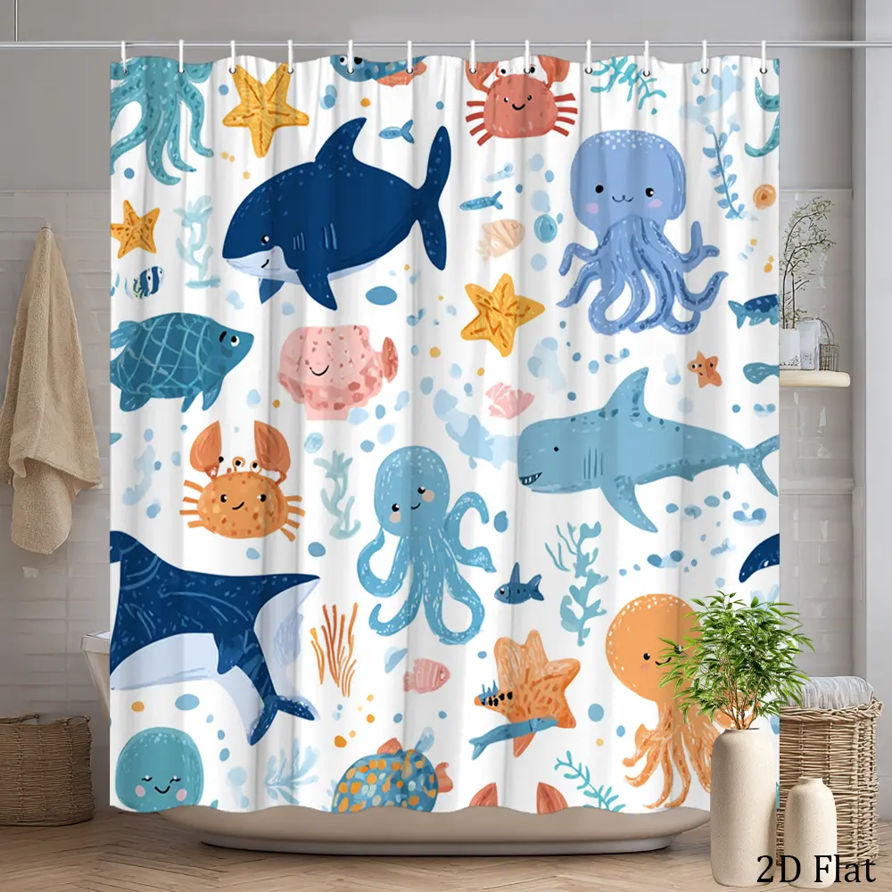 2D flat model, 1 piece 2D flat fun marine life shower curtain, colorful underwater animal patterns, cute whale, octopus, starfish, crab, polyester fabric bathroom hanging curtain, including 12 hooks, for bathroom decoration, 2D flat model
