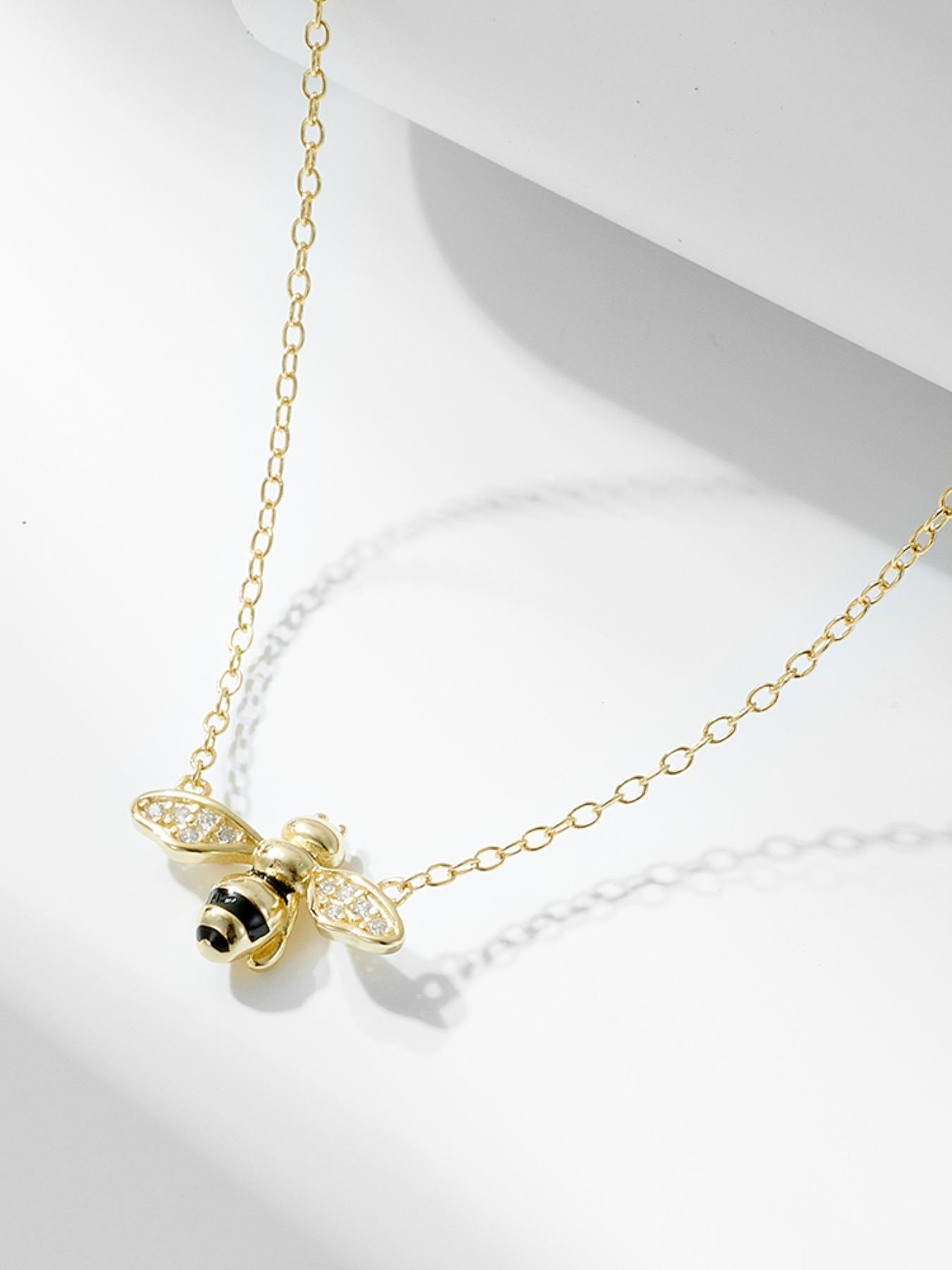 925 Sterling Silver Cute Bee Design Pendant Necklace, Artificial Zircon Decor Necklace, Fashion Jewelry Accessories for Women As Gift