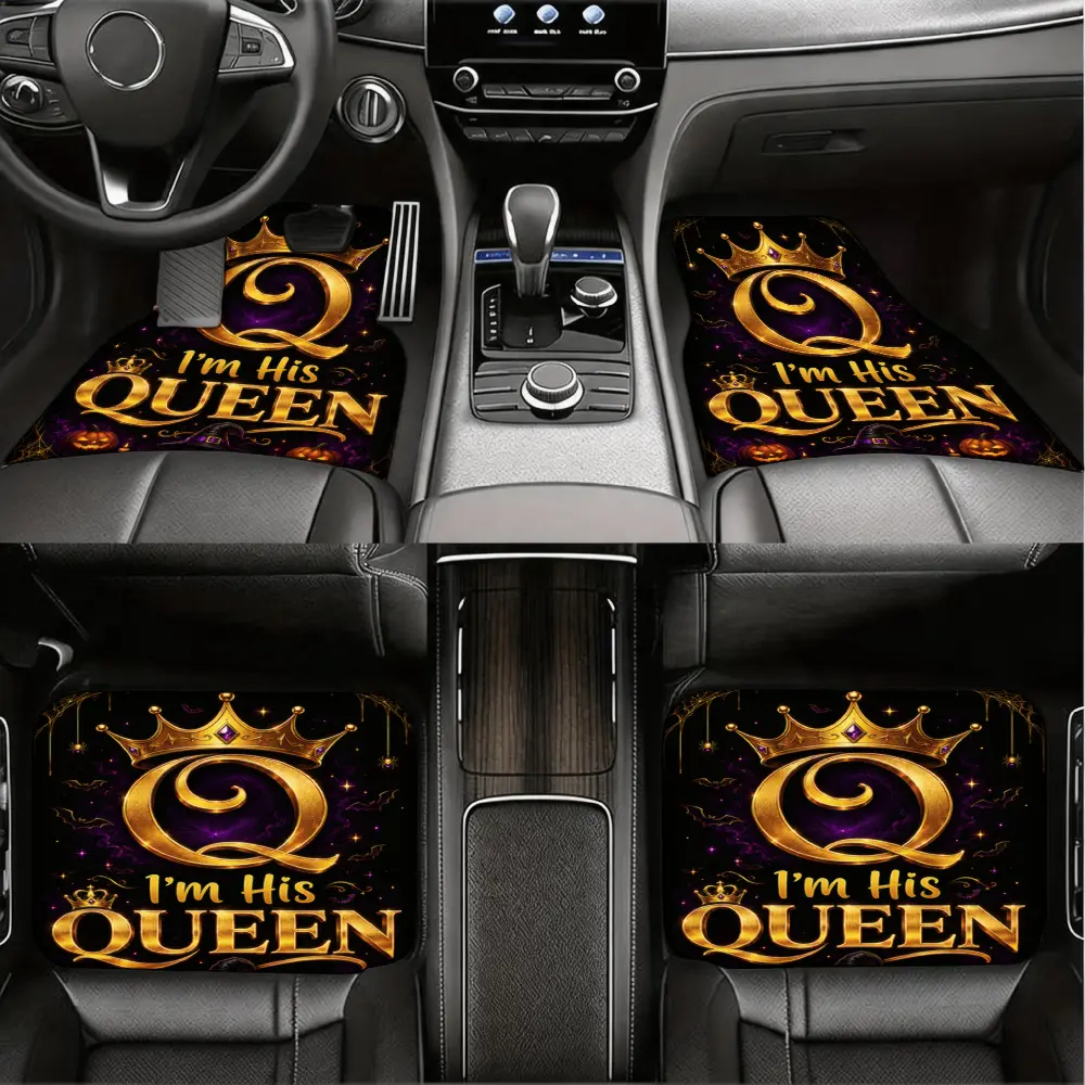 Luxury Car Floor Mats, Universal Auto Floor Liners, I'm His Queen Crown Design, Non-Slip Rubber Backing With Embossed Gold Print, For Women Couples Romantic Gift, 4 Piece Set Front And Rear