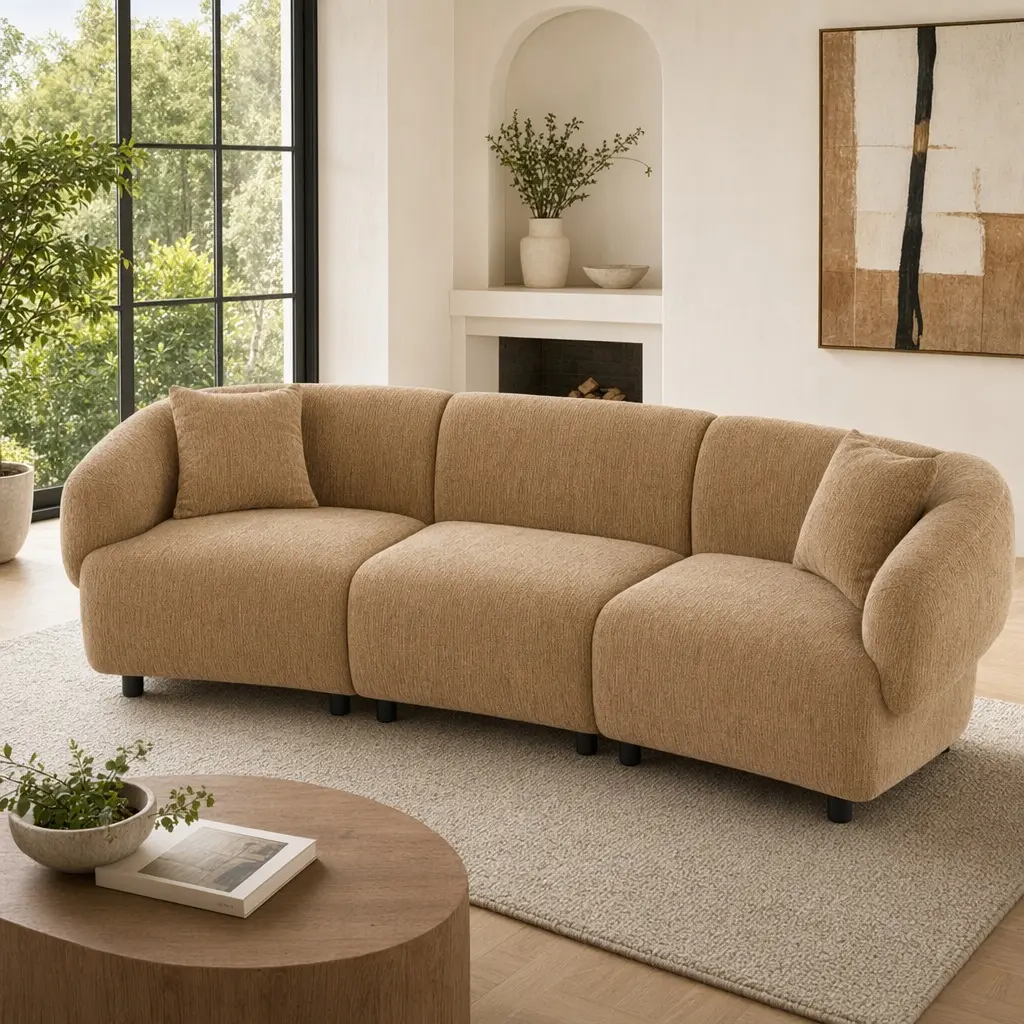Boucle Furniture 3-Seater Curved Comfy Couch - 98.5" Length, 31.75" W x 98.50" D x 30.25" H, High-Density Foam Cushions, Polyester Fabric Options, Durable Solid Wood Frame, Beige/Green/Mocha, Assembly Required, Spot Clean, Some Assembly, Boucle Sectional