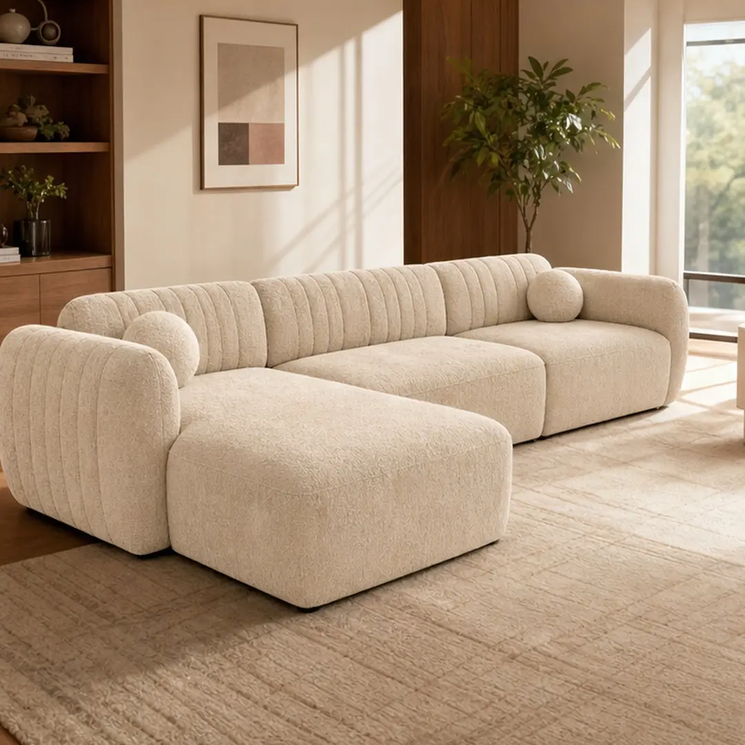 ARCH Modular L-Shape 4-Seater Deep Chenille Sectional Sofa with Ottoman, Curved Arms, Throw Pillows, Ergonomic High-Density Foam Seat, Pleated Backrest, Beige Indoor Sofas, Modern Living Room Furniture, Sectional Couches for Living Room