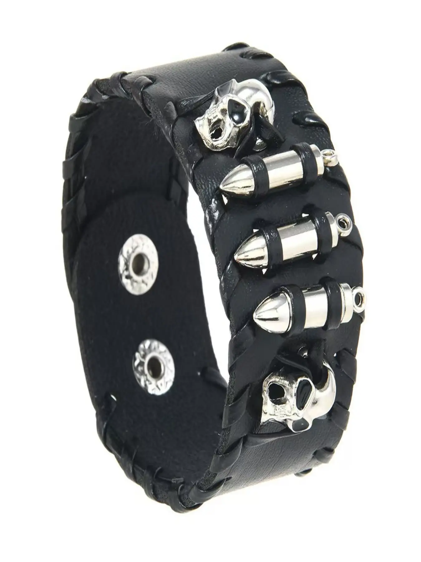 Woven PU Leather Wide Punk Bracelet with Silver Skull Charms, Adjustable Snap Gothic Rock Biker Wristband, Unisex Streetwear Jewelry for Men Women, Ideal for Halloween, Rock Concert & Birthday Holiday Gift