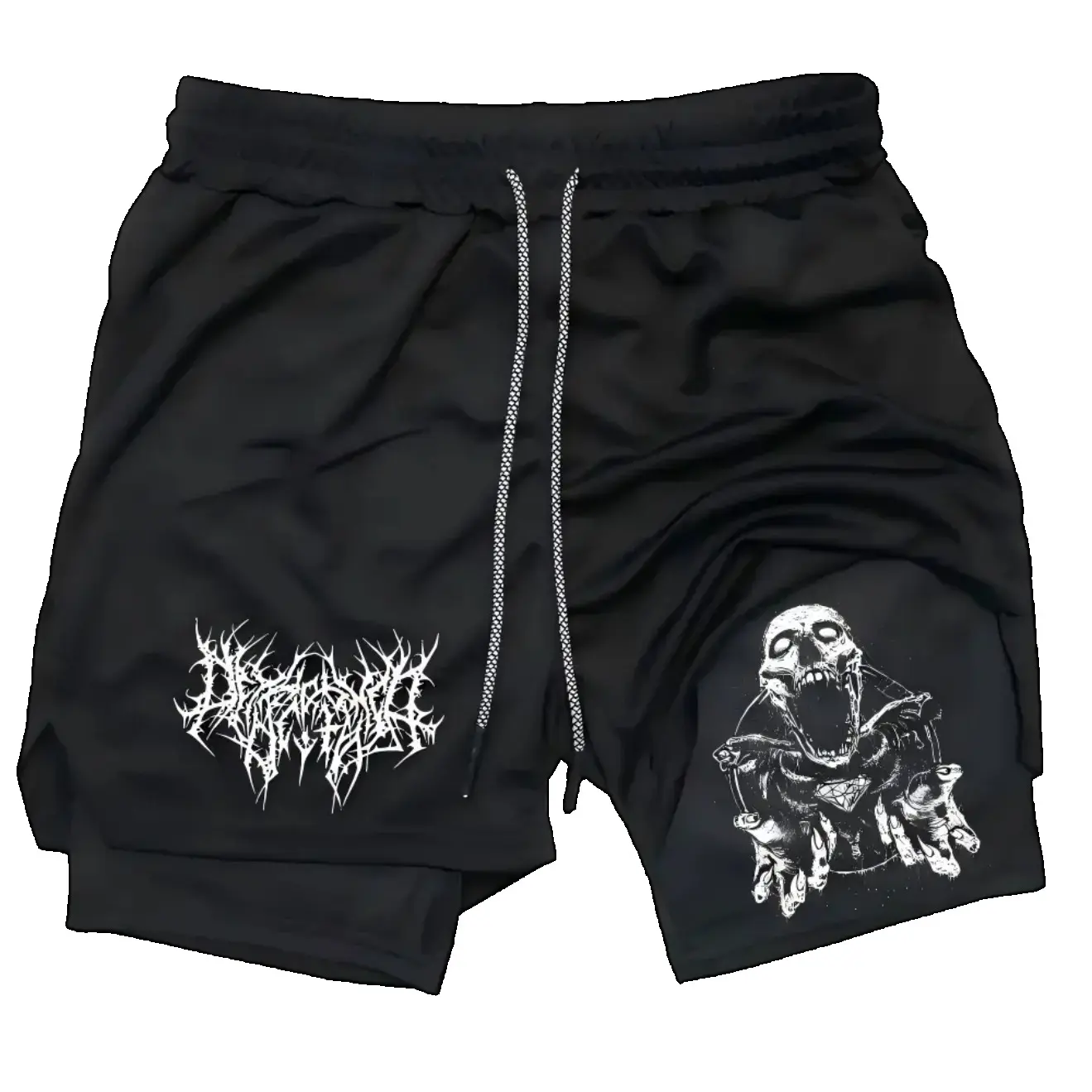 Men's Y2K Skull 2-in-1 Running Shorts, Bilayer Quick Dry Compression Gym Shorts, Heavy Metal Aesthetic Grunge Streetwear Athletic Workout Clothing for Fitness Training, Outdoor Sports & Summer Style
