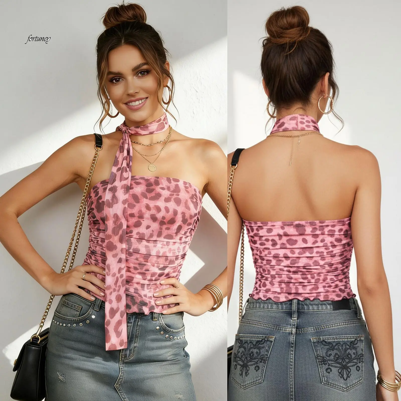Women's Cheetah Print Tube Tops Mesh Sleeveless Strapless LeopardFit Ruched Cropped Tanks with Scarf