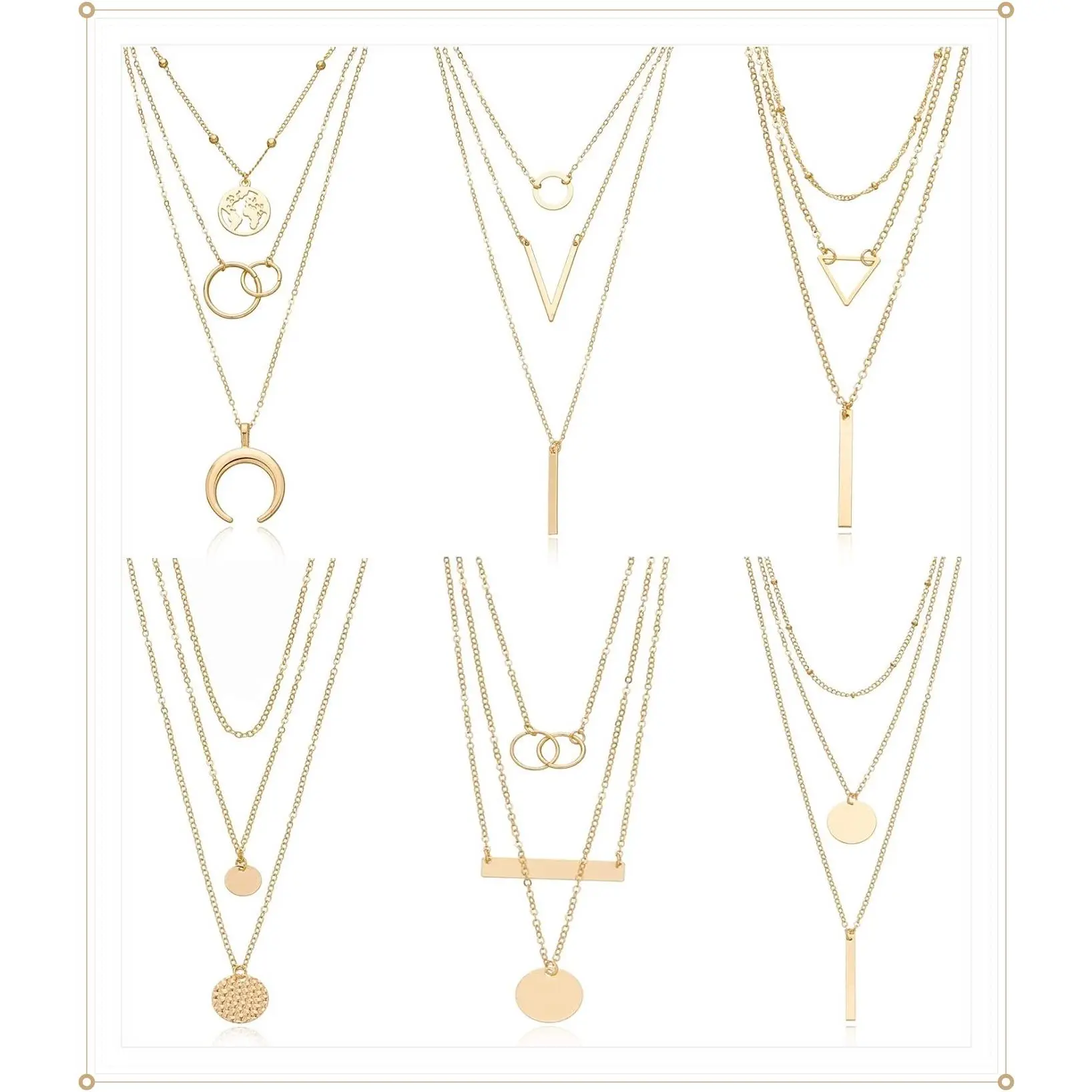 6 Pieces Layered Necklaces for Women Long Gold Choker Necklaces Map Coin Bar Crescent Moon Y Pendant Multilayer Jewelry SetGift