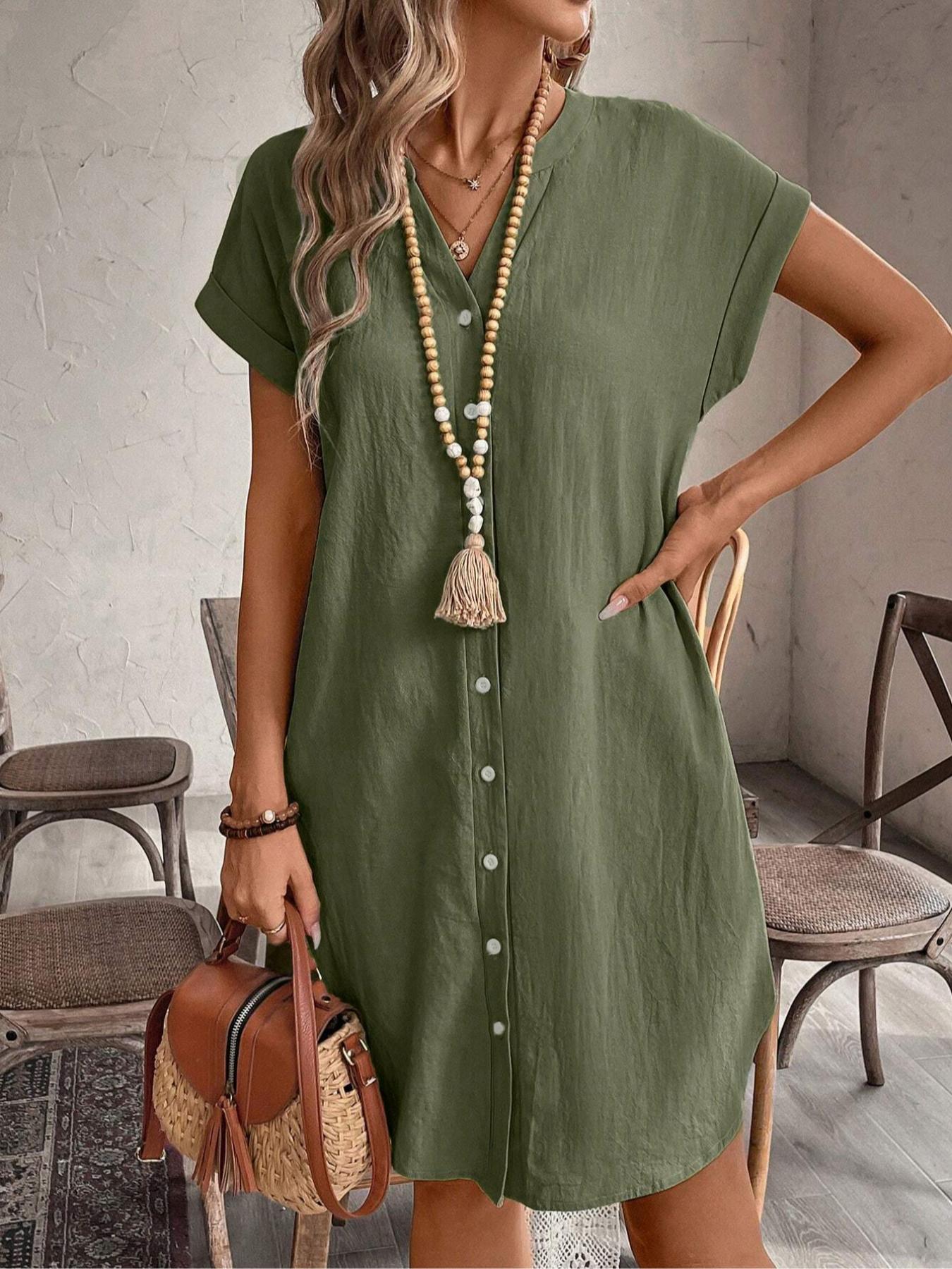 Women's Plain Notched Neck Batwing Sleeve Button Front Dress, Casual Short Sleeve Short Dress for Summer, Ladies Clothes for Daily Wear, Casual Everyday Wear