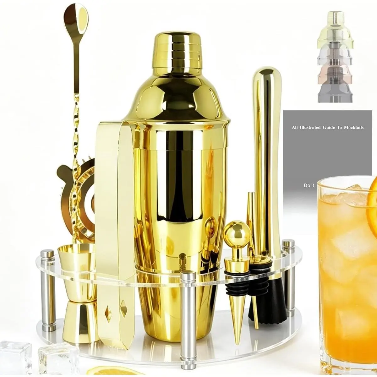 9-Piece Cocktail Shaker with Stand, 25oz Bartender Kit, Cocktail Shaker with Strainer Set, Bar Set Jigger for Bartending Drink Mixer Set, Cocktail Set Recipe (Gold)