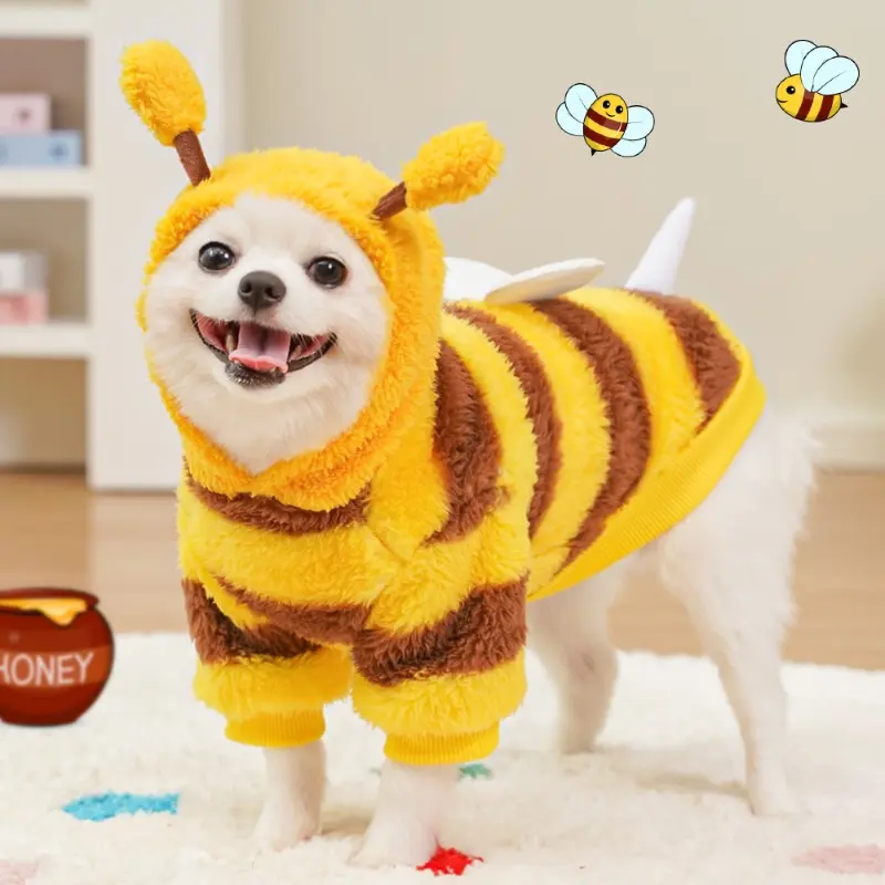 Cute Bumble Bee Dog Costume Fleece Hooded Pet Sweater Striped Bumblebee Costume Coat with Antennae Wings Cozy Warm Winter Apparel for Small Dogs Cats Halloween