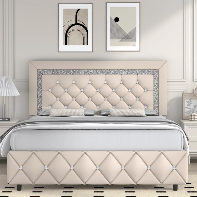 Romantic Luxury Upholstered Bed Frame with Diamond Headboard & Footboard Twin Full Queen Sizes Pearl White Beige Black Grey Pink Purple Green Modern Trendy Sturdy Anti-noise