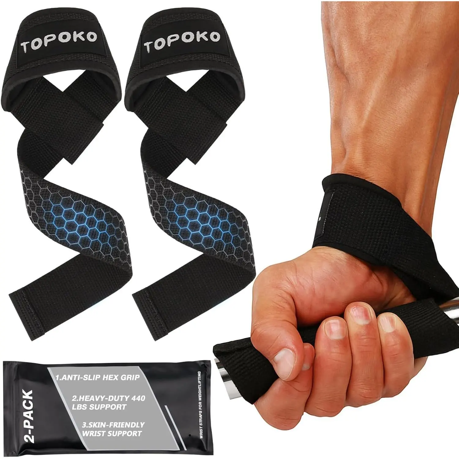 Lifting Wrist Straps for Weightlifting, Deadlifts, Powerlifting & Strength Training – 21.2” Cotton Workout Straps with Neoprene Padding & Non-Slip Hex Grip – Gym Straps for Men & Women