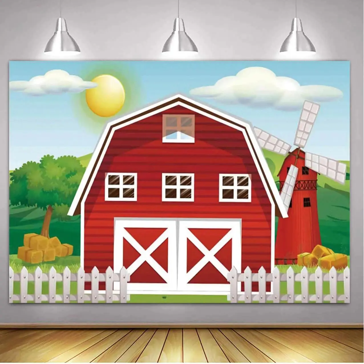 Cartoon Farm Animal Wooden Fence Background Backdrop Barnyard Scene Banner Tapestry Wall Hanging Photography Background Polyester Fiber for birthday parties, rural themed events, studio photo setups, outdoor decor