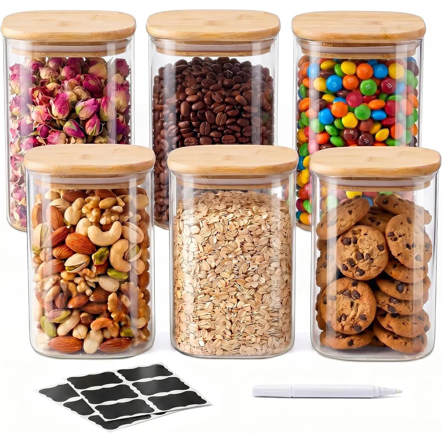 37 Oz Glass Jars - 6 Pack  Storage Containers with  Square | -grade durable clear canister,  seal cover, Stackable, , Ideal for sorting oats, Coffee beans, Nuts &