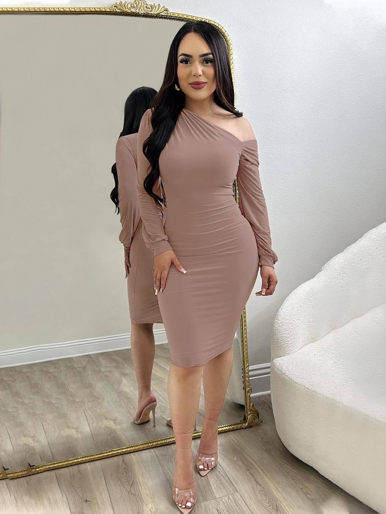 Women's Plain Ruched Asymmetrical Neck Bodycon Dress, Elegant Style Long Sleeve Knee Length Dress for Party Dating Wear, Ladies Clothes for All Seasons