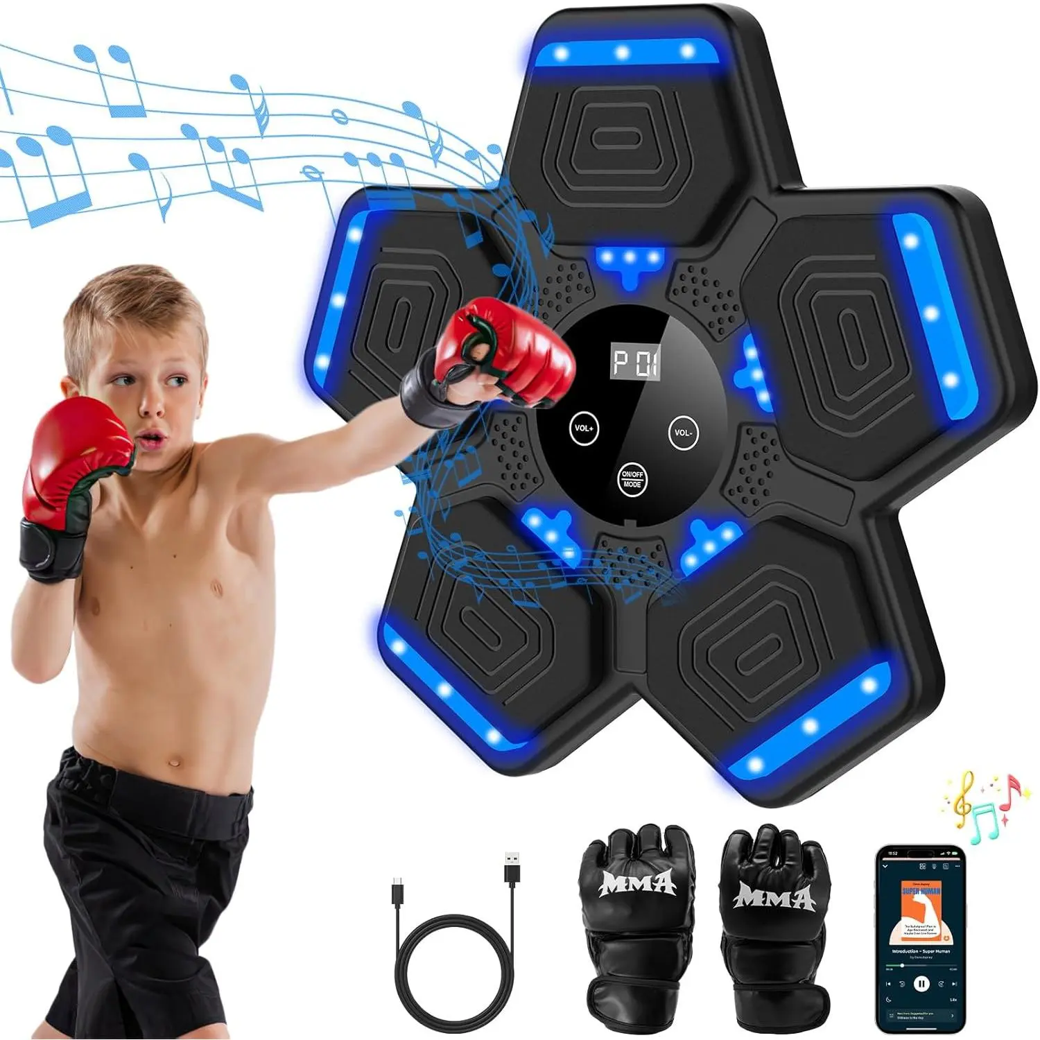 Modern Music Boxing Machine with Smart Bluetooth and Gloves, Unisex Bracket Mount Punching Equipment for Martial Arts Enthusiasts, Adults & Kids for Home & Office, Wall Mount, Workout Punching Machine